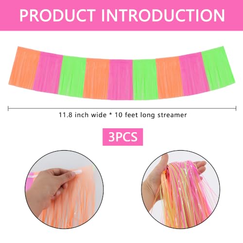 Image of BEISHIDA 3 Packs Metallic Foil Fringe Garland Fluorescent Yellow Purple Orange Wall Hanging Tinsel Fringe Banners for Car Floats Bridal Shower Wedding Birthday Graduation Party Decoration(30 Feet)