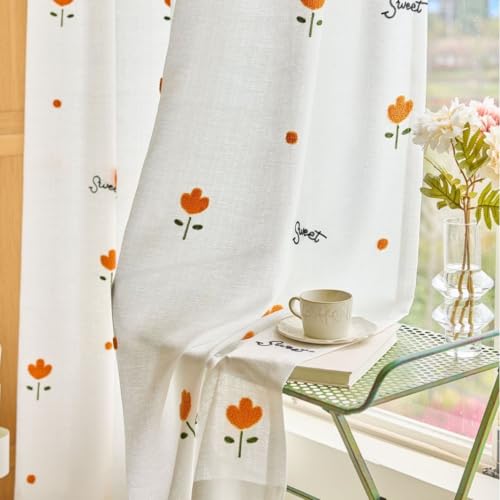 KEKUYA Cortinas Salon 2 Piezas 132x213cm Cortina para Ventana Dormitorio Translúcidas Visillos Paneles con Ojales de Salon Habitacion Modernas,Flores Bordadas de Naranja