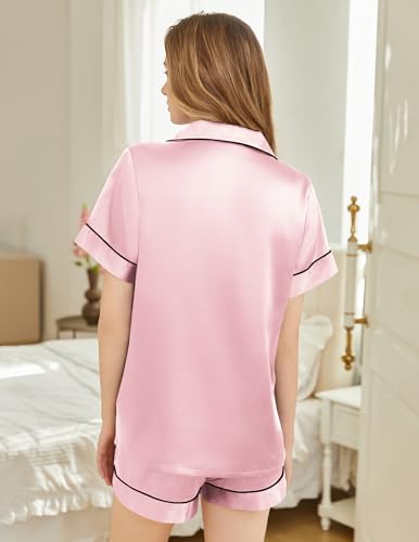 Image of Silk Pajamas for Women Short Sleeve Sleepwear Soft Button Down Loungewear 2 Piece Satin Pjs Shorts Set S-XXL