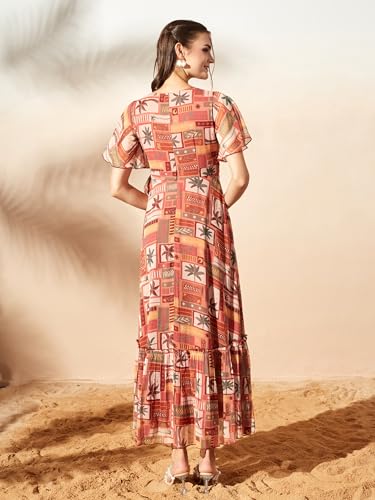 Image of Miss Chase Women's Floral V-Neck Flutter Sleeve Wrap Chiffon Maxi Dress