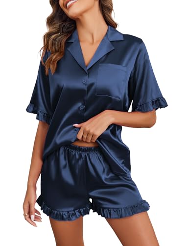 Image of Ekouaer Satin Pajama Set for Women 2 Piece Pj Sets Short Sleeve Sleepwear | Super Soft Silky Summer Loungewear Set with Ruffle Short Sleeve Top and Pocket Shorts, Casual Travel Daily Gift
