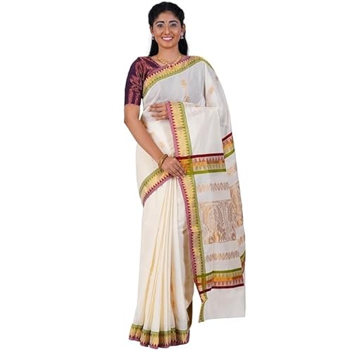 Women's Traditional Cotton Kerala Style Saree With Temple Border Design