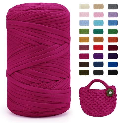 Uiopa Rose Red T-Shirt Yarn 400g/120m Elastic Fabric Crochet Cloth T Shirt Yarn Chunky Hand Knitting Polyester Ribbon for Crocheting Bags/Baskets/Rugs Home Decor DIY Crafts