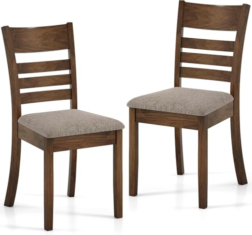 Image of COSTWAY Wooden Dining Chairs Set of 2, Solid Rubberwood Frame Kitchen Side Chairs w /Upholstered Padded Seat & High Slat Back, Mid-Century Modern Dining Chair for Dining Room Kitchen (Light Brown)