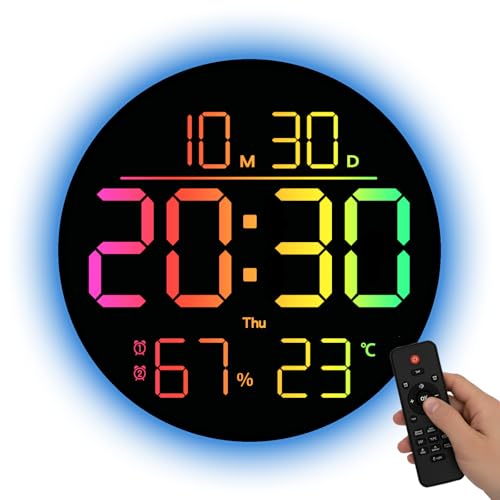10-Inch RGB LED Digital Wall Clock with Temperature, Humidity, and Date Display|Dual Alarms, Countdown Timer, 11 Backlight Colors, Auto Brightness, Silent Operation|Modern Decor for Home&Office