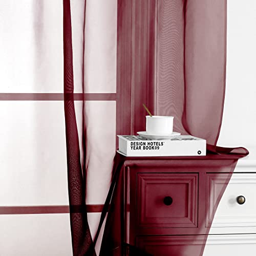 Image of Simplebrand Rod Pocket Top Solid Voile Sheer Curtains for Bedroom, 54 Inch Length Drapes Set of 2, Lightweight and Light Filtering Elegant Red Curtains Panels Window Treatment, 42Wx54L, Burgundy