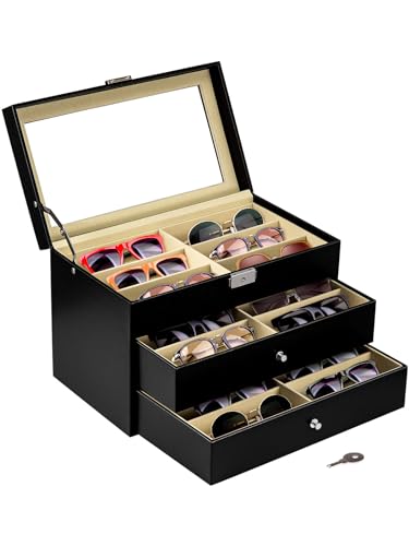 ColdShine Brillenbox für 8 Fächer Brillen Brillenkoffer Sonnenbrillen Aufbewahrung mit Sichtfenster Glasbox aus Kunstleder zur Aufbewahrung von Sonnenbrillen Glas (Schwarz Einzelschicht)