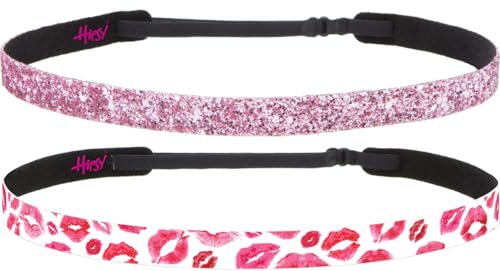 Hipsy Adjustable Non Slip 5/8" Skinny Bling Glitter & Valentine's Day Printed Headband 2-packs for Women Girls and Nurses (Lipstick Kisses & Light Pink Glitter 2pk)