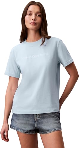 Calvin Klein Damen T-Shirt Kurzarm Logo Classic Regular Fit, Blau (Breezy Blue), L 1