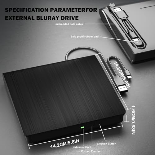 wintale External Blu Ray Drive, Portable 3D Bluray External DVD Drive, Blu Ray Burner with USB 3.0 and Type-C Dual Port, Bluray Drive for PC Windows XP/7/8/10/11 MacOS for Mac - Thumbnail 5