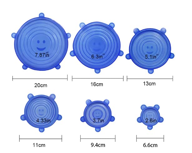 Dehnbare Silikondeckel, 6 Stück Silikon Stretch Deckel Stretch Lid Silikon Abdeckung in Verschiedenen Größen, Wiederverwendbar & Erweiterbar - für Schüsseln, Becher, Dosen, Obst (blau)