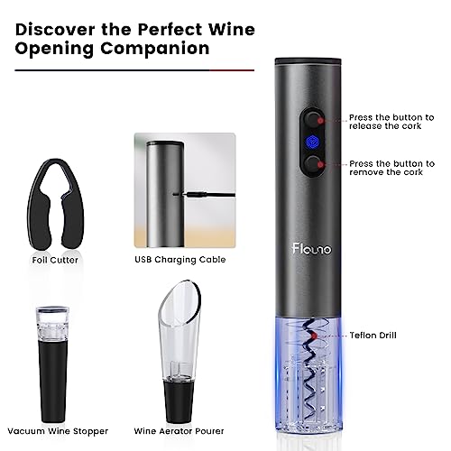 Flauno Electric Wine Opener Rechargeable - Automatic Wine Bottle Opener, Electric Corkscrew Wine Opener with Foil Cutter, Vacuum Wine Stopper, Wine Aerator Pourer, Ideal Wine Gift Set (Gray)
