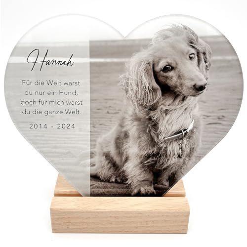 DEL MÀ Unique & Personal Andenken an verstorbenen Hund Bild Gedenktafel aus Acrylglas zur Erinnerung & Trauer personalisiert Glasherz mit Foto Geschenk für Hundebesitzer inkl. Holzfuß 20x22 cm (Herz)