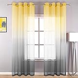 Bright Yellow and Gray Sheer Curtains 84 Inches Long for Living Room Set of 2 Panels Grommet Luxury...