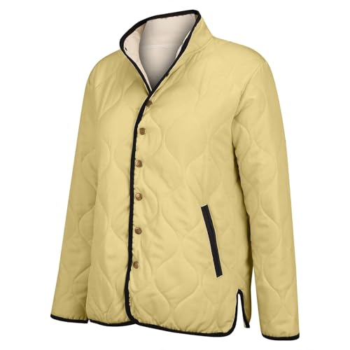 Skijacke Damen Steppjacke Long Sleeve Wintermantel Damen Elegant Warm Down Jacket Übergangsjacke Loose Freizeitjacke Daunenmantel Outdoorjacke Softshelljacke Wanderjacke Taschen Yellow XL
