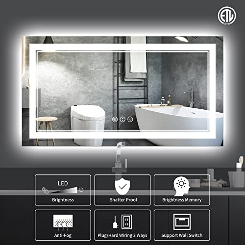 55x30 Inch LED Bathroom Mirror, Backlit and Front Light Anti-Fog Dimmable Memory Lighted Vanity Mirror, Large Shatterproof Wall-Mounted Led Mirror for Bathroom
