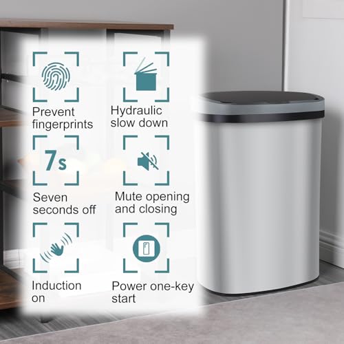 13 Gallon Kitchen Garbage Can 50L Stainless Steel Trash Can Garbage Bin Suitable Beautiful Garbage Can with Lid Sensor Trash Bin Garbage Bin with Lid Automatic for Office Bedroom Living Room, SS
