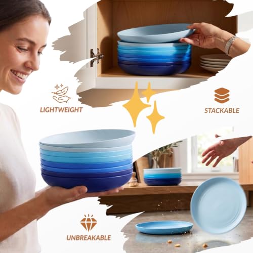 Image of Homienly Dessert Plates Set of 8-8 inch Plate Set Wheat Straw Plates for Kitchen Unbreakable Plate for Dessert, Appetizer,Pancakes, Microwave & Dishwasher Safe Kitchen Essentials(Blue Series)