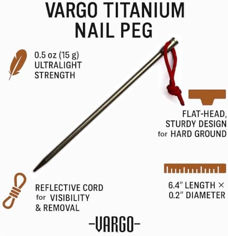 Vargo Titanium Nail Peg with Reflective Cord (6 Pack) | Camping Tent Stakes 0.6 Ounces (14 Grams) 6” L x 0.2” D (152 x 5mm) Ultralight Durable Tent pegs Model T-113 image 4