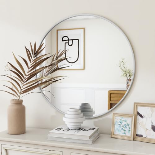 BEAUTYPEAK 20 Inch Round Mirror, Metal Frame Circle Mirror, Wall Mounted for Entryway, Bathroom, Vanity, Living Room, White