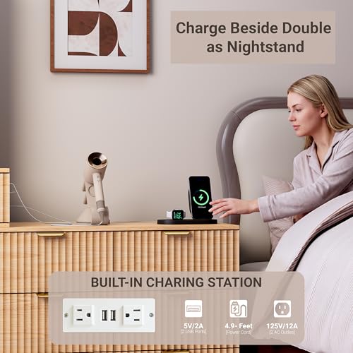 Image of Vanity Desk with Mirror and Lights, Fluted Makeup Vanity with 8 Drawers, Storage Shelves, RGB Light and Power Outlet, Bedroom Dessing Table for Women, Girls, Oak,56.7 inch