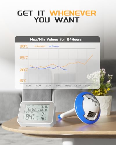 BALDR Pool Thermometer Funk, mit Indoor-Temperatur-Monitor, IPX7 Waterproofing und Größere Digitale Anzeige Leicht zu Lesen, die Innen-und Pool-Temperaturen an Ihren Fingerspitzen