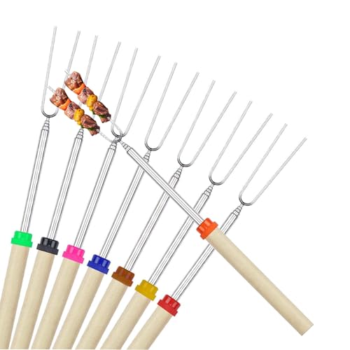 APKOL 8 Stück Grillspieße Teleskop Marshmallow, Roasting Sticks,Grillstab, Lagerfeuer Grillgabel, Lagerfeuerspieße Edelstahl Ausziehbar 32-83cm, mit Griffen,Grillbesteck Set für Camping Grill