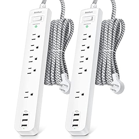 2 Pack Power Strip Surge Protector - 5 Widely Spaced Outlets 3 USB Charging Ports, 1875W/15A with 5Ft Braided Extension Cord, Flat Plug, Overload Surge Protection, Wall Mount for Home Office,White Cover