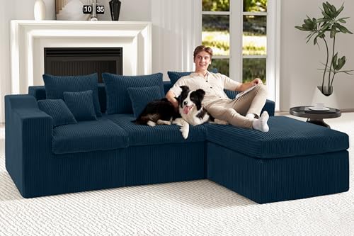 Image of 101 inch Modular Couch Sectionals with Ottoman, Big Comfy Cloud Couches, L Shaped 4 Seat Modular Sectional Sofa, Sectional Double Cushion Couches with Deep Seat for Living Room,No Assembly Required(Blue)