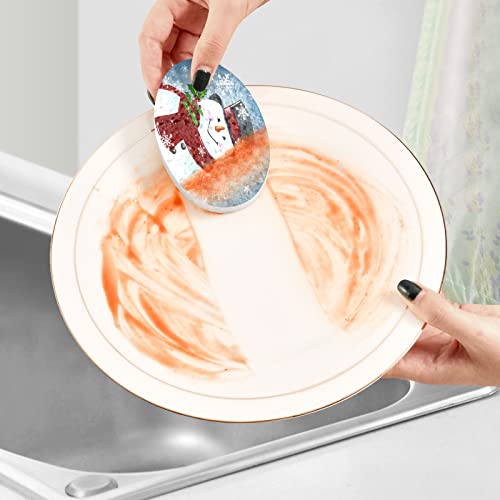 Image of Cute Smiling Winter Snowman Kitchen Sponges Christmas Snowflakes Xmas Holly Berry Red Scarf Cleaning Dish Sponges Non-Scratch Natural Scrubber Sponge for Kitchen Bathroom Cars pack of 3
