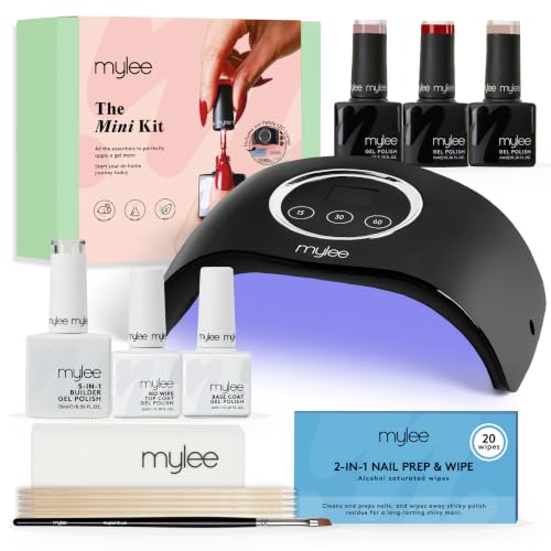 Mylee Mini Kit - Professional Nail Care Set for Beginners at Home Includes LED Nail Lamp Nail Gel Polish Base Coat Top Coat and Accessories