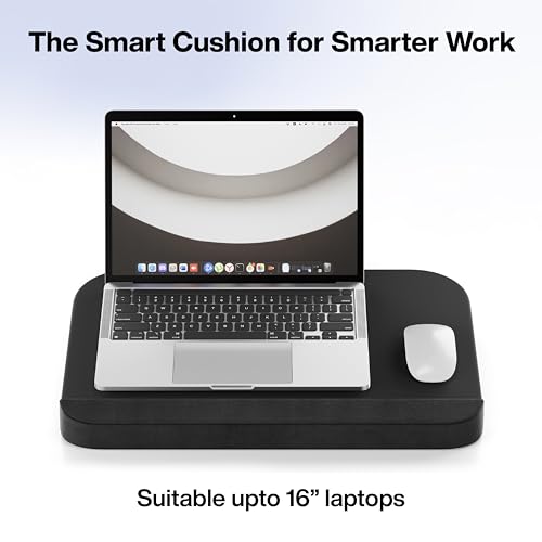 Image of FOVERA Lap Desk Cushion | Fits up to 17 inch Laptop | High-Density Foam Cushion, Mouse-Friendly Flux Leather Top Surface, Soft Wrist Support, Side Storage Pockets, Removable Cover (Medium, Black)