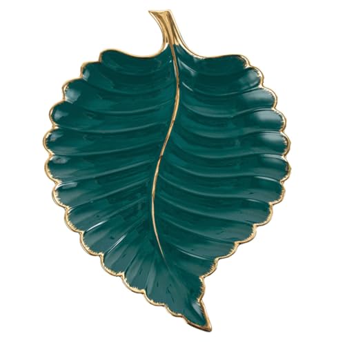 HEMOTON Plato Creativo para Joyería en Forma de Hoja Pequeña Bandeja Multifunción Verde Borde Dorado Soporte para Pasteles y Exhibidor de Postres para Decoración de Fiesta y