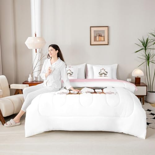 Image of Erosebridal Geese Valentine 7 Pcs Bedding Set King Size Cartoon Ducks Comforter Set for Girls Kids Goose Duck Couple Decor Quilt Set Kawaii Farm Animals Bed in A Bag with Flat and Fitted Sheet