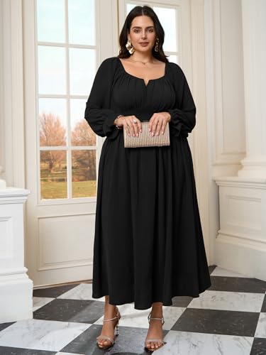 Plus Size Maxi Dresses for Curvy Women Wedding Guest Long Sleeve Square Neck Smocked Empire Waist Slit Long Dress4
