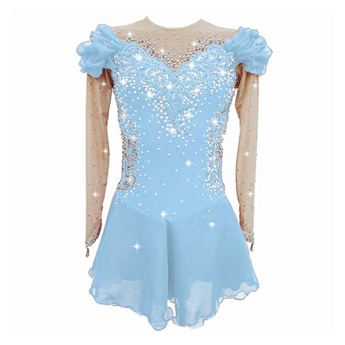 Zagitova Figure Skating Dress for Girls Patchwork Women Open Back Printing Competition Dance Outfits Shiny Rhinestone(Light Blue,XL)