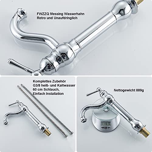 FWZZQ Wasserhahn Bad Hoch Retro, Waschtischarmatur Chrom, 360°Drehbar Armatur Waschbecken, Einhebel Mischbatterie Badarmatur aus Messing Hoher Auslauf für Badezimmer