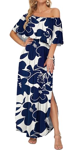 Image of AUSELILY Womens Off Shoulder Ruffle Split Summer Maxi Dresses with Pockets | Off-shoulder Ruffle dress with empire waist & side split for summer beach and casual parties