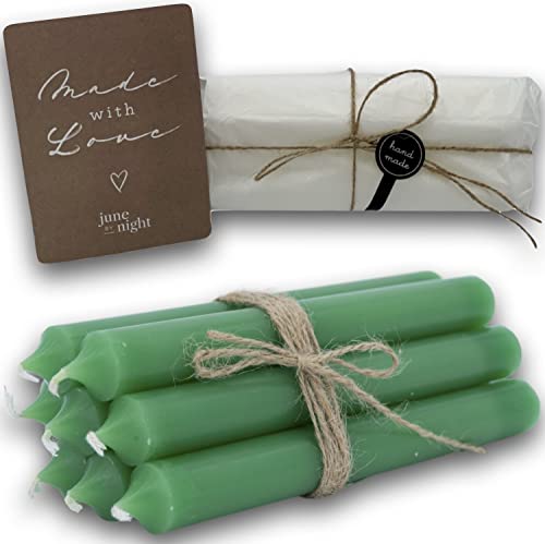 juneBYnight Stabkerzen Set 8 Stück - Länge 20 cm, Durchmesser 2,2 cm, Laubgrün - 9 Stunden lange Brenndauer, rußfreies Abbrennen, tropffrei, Paraffinwachs - dein persönliches Geschenk Cover