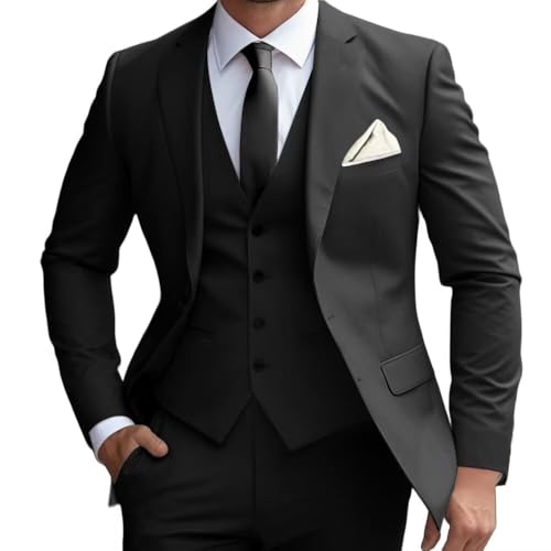 Men's 3 Piece Suit Slim Fit Men Tuxedo Suit for Party Wedding Prom Business 2 Button Solid Blazer Jacket Vest Pants Set, Black, L
