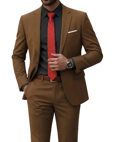 YND Mens 2 Piece Suit with Tie One Button Slim Fit Solid Jacket and Pants Set Suits for Men Prom Party Wedding & Business Khaki M