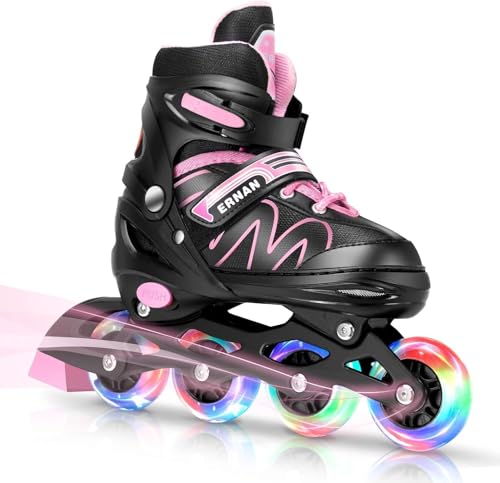 ERNAN Patins à Roues alignées, réglables et Lumineux pour Enfants, garçons et Filles, Patins à roulettes pour Enfants, Jeunes, débutants (Pink, M)