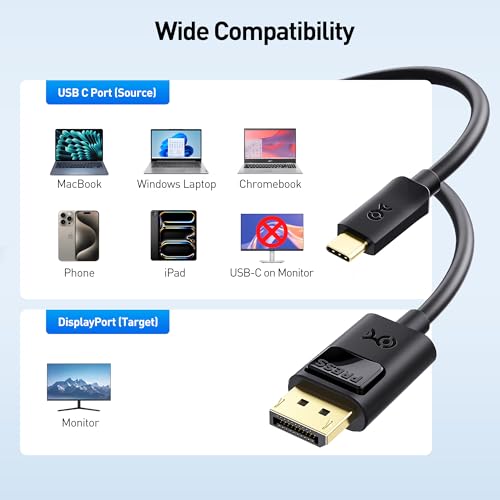 Image of Cable Matters 2-Pack Unidirectional USB C to DisplayPort 1.4 Cable - 6ft, Support 8K@60Hz / 4K@240Hz, Thunderbolt 4 to DisplayPort Cable, Display Port to USB C, Black - Not for Portable USBC Monitor