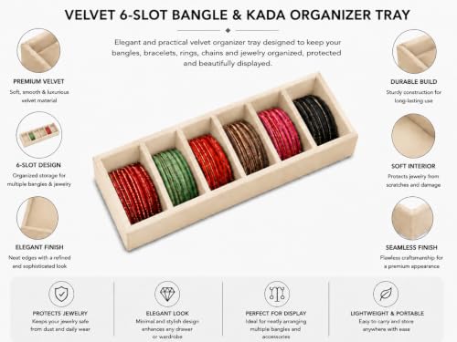 Image of La Trove 6 Slot Velvet Bangle Organizer Tray for Kada & Bracelets, Cream | Soft lined sections hold bangles, kada, bracelets, rings & chains; keeps accessories sorted in drawer, wardrobe & vanity top