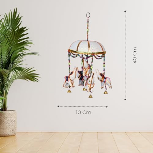 Image of Rajasthani Multicolor Elephants Jhoomer with Bell - Decorative Wind Chimes for Door & Wall Hanging, Ideal Home Decor & Gift Showpiece (White)