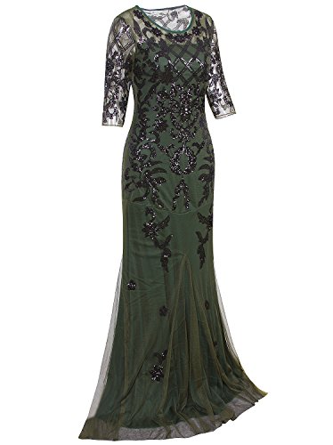 Vijiv Vintage 1920s Long Wedding Prom Dresses 2/3 Sleeve Sequin Party Evening Gown,Green,Small - Thumbnail 3