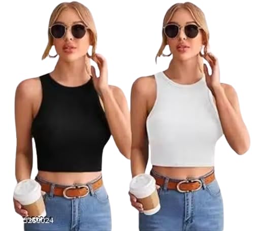 brave one Women's Sleeveless Crop Top, Black and White, Pack of 2-picture-2