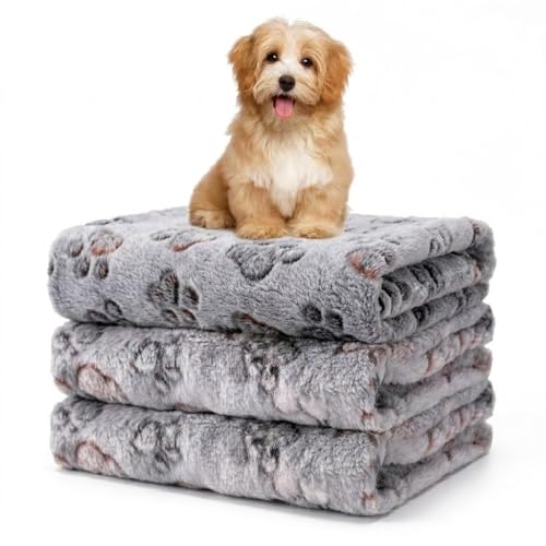 Image of 1 Pack 3 Blankets Fluffy Premium Fleece Soft Pet Blanket Flannel Throw for Cat Dog Puppy (Medium 30x20'', Paw-Grey)