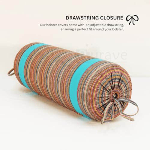 Image of AURAVE Woven Cotton 144 TC Printed Bolster Cover with Drawstring Closure, Set of 2, Soft Breathable Durable Machine Washable for Sofa Bed & Home Decor, 15 inchx30 inch, Aqua | Cover Only