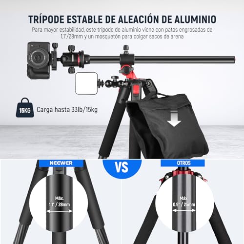 Miniatura 2 de Neewer 200cm Trípode Horizontal Para Cámara Dslr, Monopié Trípode Cenital Con Columna Central Y Rótula De Aluminio, Placa Qr Tipo Arca, Soporte De Cámara Superior Para Videocámara, Carga Máxima: 15kg